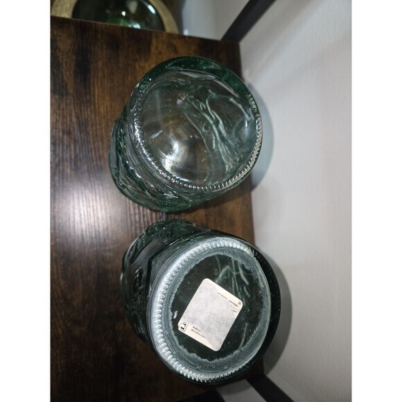 Vintage Canadian Pressed Glass Decanter Fruit Design Aqua Blue 7.5”‎ Set of 2